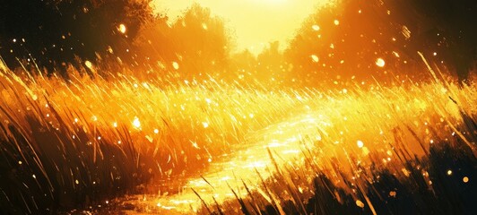 Golden Glow in the Field, Dewdrops on grass