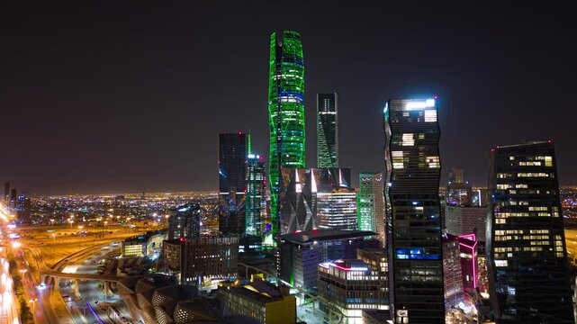 Riyadh City towers, King Abdullah Financial District ( KAFD ) skyscrapers, shot with drone on hyperlapse mode, Saudi Arabia
