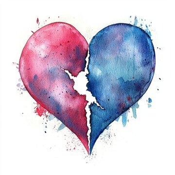 Watercolor Artwork of a Broken Heart in Pink and Blue Shades with Splashes and Textures