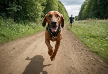 bloodhound dog running and playing in the contryside and natural meadown