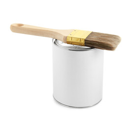 Closed can of paint and brush isolated on white