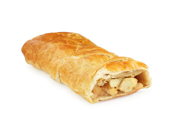 Delicious strudel with apples and powdered sugar isolated on white