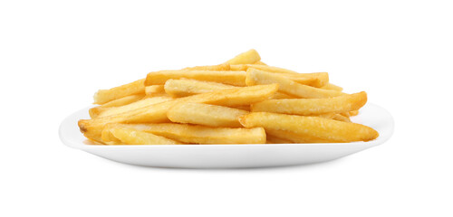 Many delicious French fries isolated on white