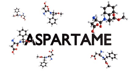 A 3d rendering of the chemical structure of aspartame molecule and the word 