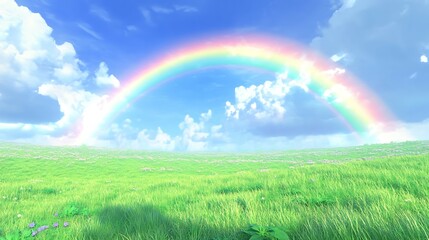Obraz premium Rainbow over green meadow and blue sky. Nature background.
