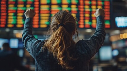 Woman celebrates success looking at a stock market ticker with arms raised overhead