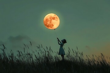 Little girl with big moon in hand. Mixed media. Mixed media
