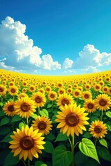 Vast sunflower field, blue sky, fluffy clouds, rural, sunshine
