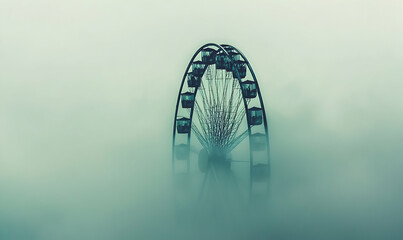 A misty view of a Ferris wheel partially obscured by fog, evoking a mysterious atmosphere