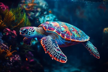 Fototapeta premium Green sea turtle swimming in the water. Aquarium with corals.