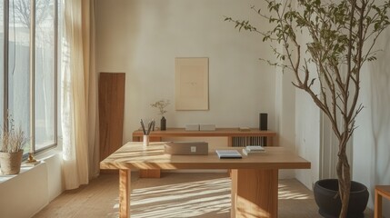 Fototapeta premium A simple workspace with a wooden desk, neutral tones, and natural light