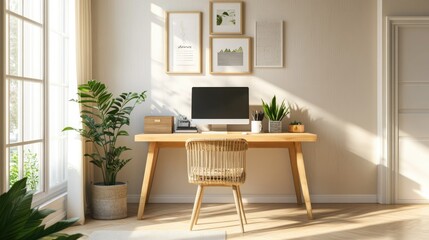 Fototapeta premium A simple workspace with a wooden desk, neutral tones, and natural light
