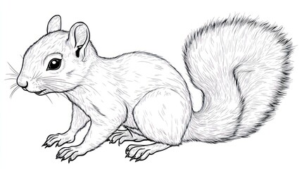 Fototapeta premium Detailed drawing of a squirrel. Features a side view of a squirrel with a bushy tail, clearly defined fur, and visible paws. The image is in black and white, likely a sketch or illustration