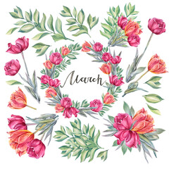 Fototapeta premium Watercolor circle frame with red orange tulip and green leaves isolated on white background. Calendar with lettering March. Hand-drawn clipart with flower for spring celebration. Wrapping wallpaper