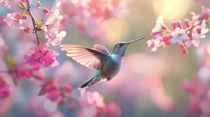 Fototapeta premium A close-up of a hummingbird hovering near colorful blossoms