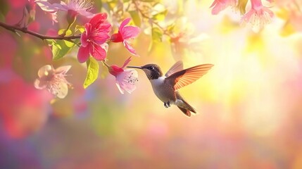 Fototapeta premium A close-up of a hummingbird in mid-flight near colorful blossoms