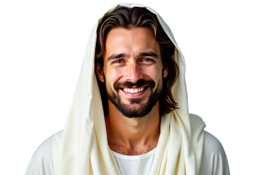 Smiling handsome man with beard and long hair portrait isolated on transparent background. Serene male in white tunic and head cloth for religious, fashion or lifestyle themes.