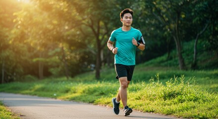 Young Asian man jogging outdoors