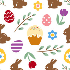Seamless pattern with easter cake, rabbits, eggs, flowers, willow sprigs on a white background. Background with chocolate easter bunnies for textiles, wrapping paper, wallpaper