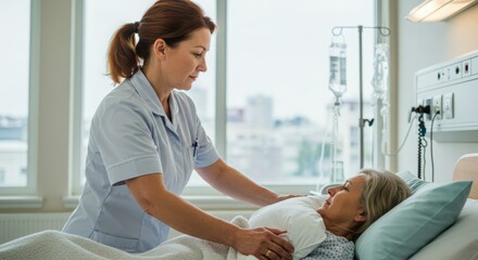 Obraz premium Nurse comforting elderly patient in hospital.