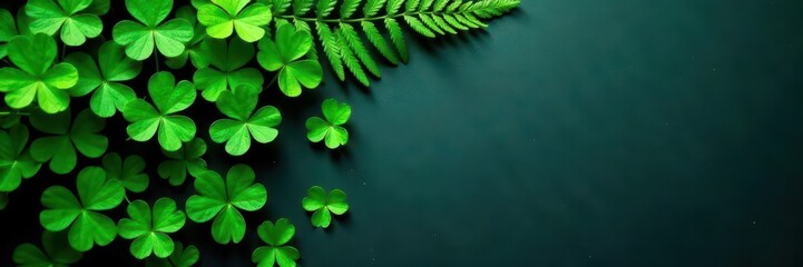 Deep green shamrocks amidst ferns, elegant dark surface, still life, natural light, dark table