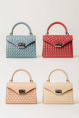 Four Stylish Quilted Leather Handbags Isolated on White Background