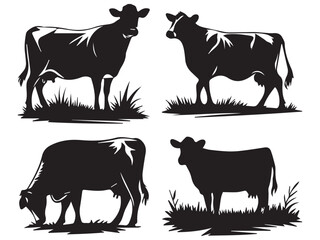 Cow Silhouettes in Different Poses Grazing on Meadow