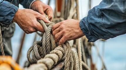 A close-up of hands working together on a ship's deck, adjusting sails during a voyage
