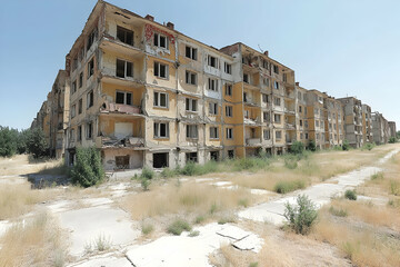 Abandoned apartment complex in a desolate landscape under a clear blue sky, showcasing decay