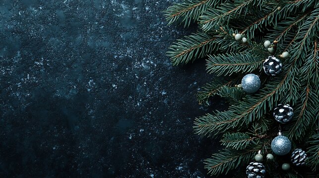 Evergreen branches with ornaments on a textured dark surface - Powered by Adobe