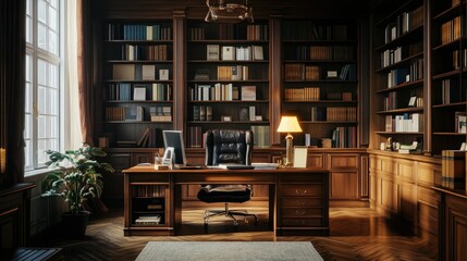 A classic, moody workspace with wooden bookshelves and vintage decor