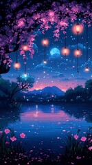 Obraz premium Serene Night Landscape with Cherry Blossom Trees and Lanterns by a Tranquil Lake