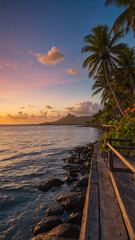 Fototapeta premium Pedestrian path leading through tropical beach with coconut trees flowers and calm sunset waters aesthetic wallpaper landscape photography
