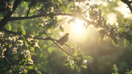 A small bird perched on a blossoming branch