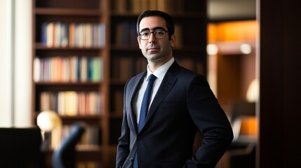 Confident lawyer in a suit exudes professionalism and authority in a modern office setting.
