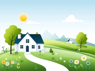 Fototapeta premium A serene landscape featuring a charming house on a winding path surrounded by flowers