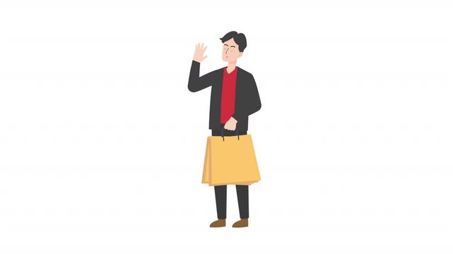 video man standing holding shopping bag sign cartoon animation
