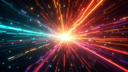 Obraz premium Explosive Burst of Vibrant Multicolored Light Rays in a Digital Abstract Space