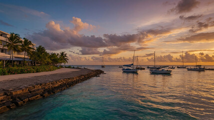 Relaxing pedestrian path on tropical beach lined with flowers coconut trees and serene sunset water aesthetic wallpaper landscape photography