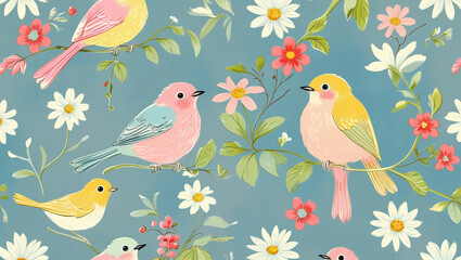 Charming Vintage Bird and Floral Pattern with Delicate Hand-Drawn Flowers and Colorful Birds on a Soft Pastel Background