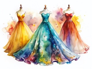 Obraz premium Watercolor Fashion Photography: Elegant Dresses Isolated on White Background