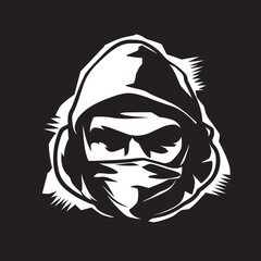 A white stylized illustration of a person wearing a mask