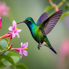 Fototapeta premium This-image-captures-a-stunning-hummingbird-in-mid-flight,-showcasing-its-vibrant-and-iridescent-plum...-