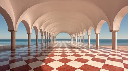 Fototapeta premium Sunlit Colonnade Overlooking the Ocean Red and White Checkered Floor