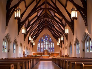 Fototapeta premium Elegant Church Interior with Stained Glass Windows