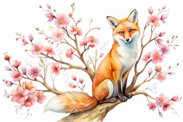 Fototapeta premium Watercolor Fox with Cherry Blossoms - Spring Floral Animal Clipart