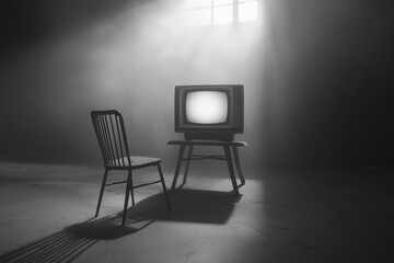 Empty scary room with a old tv and chair in the middle. Mysterious cinematic scene black and white.