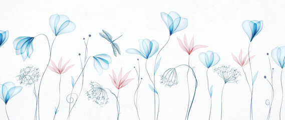 Floral art background in watercolor style with transparent flowers, dragonfly. Botanical ink banner for decor, print, wallpaper, textile, interior, cover.
