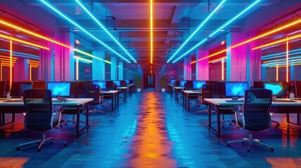 Futuristic Office Interior with Neon Lighting and Modern Workstations