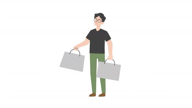 video man standing holding shopping bag sign cartoon animation
